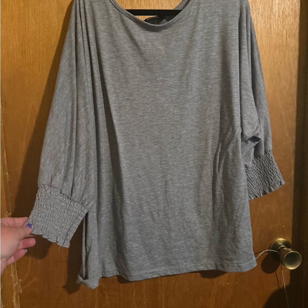 Gray Boxy Long Sleeve Tee with Ribbed Details